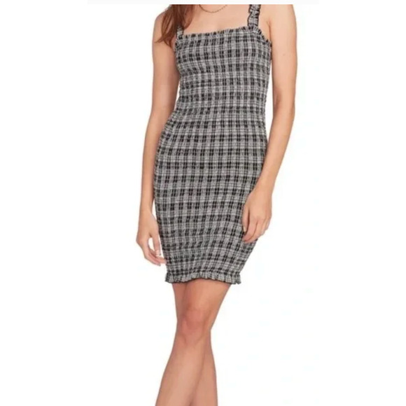 Volcom Shirred Mini Dress Womens XS Extra Small Check Plaid Square Neck Bodycon - Picture 15 of 16